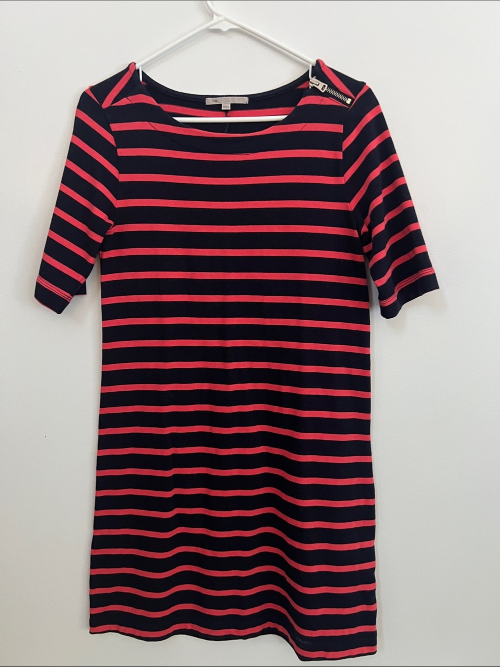 GAP Navy and Coral Striped Short-Sleeve Shift Dress